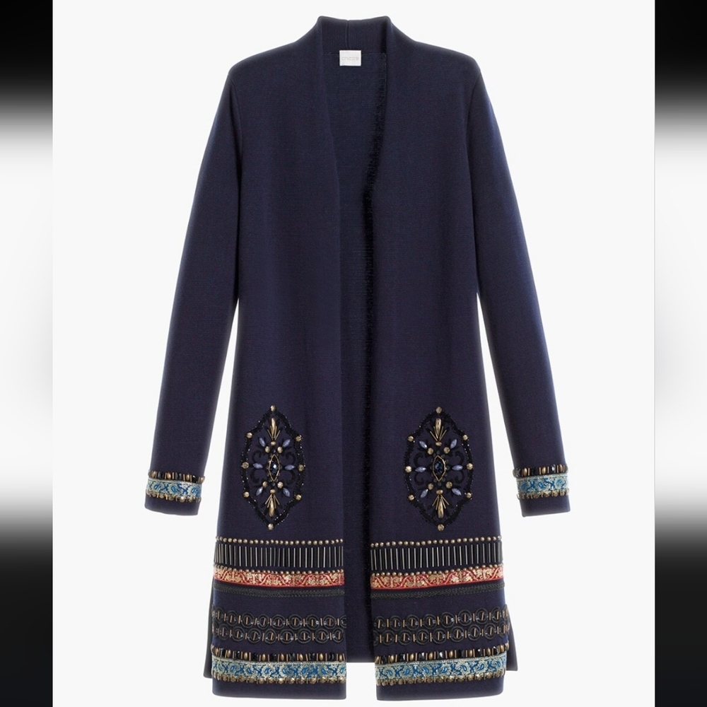 Embellished embroidered Chico's Elektra navy blue cardigan sz XS 00 beaded funky